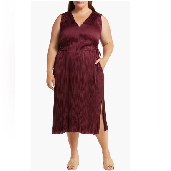 + VINCE + V-Neck Side Tie Satin Plissé Dress - Picture 1 of 5
